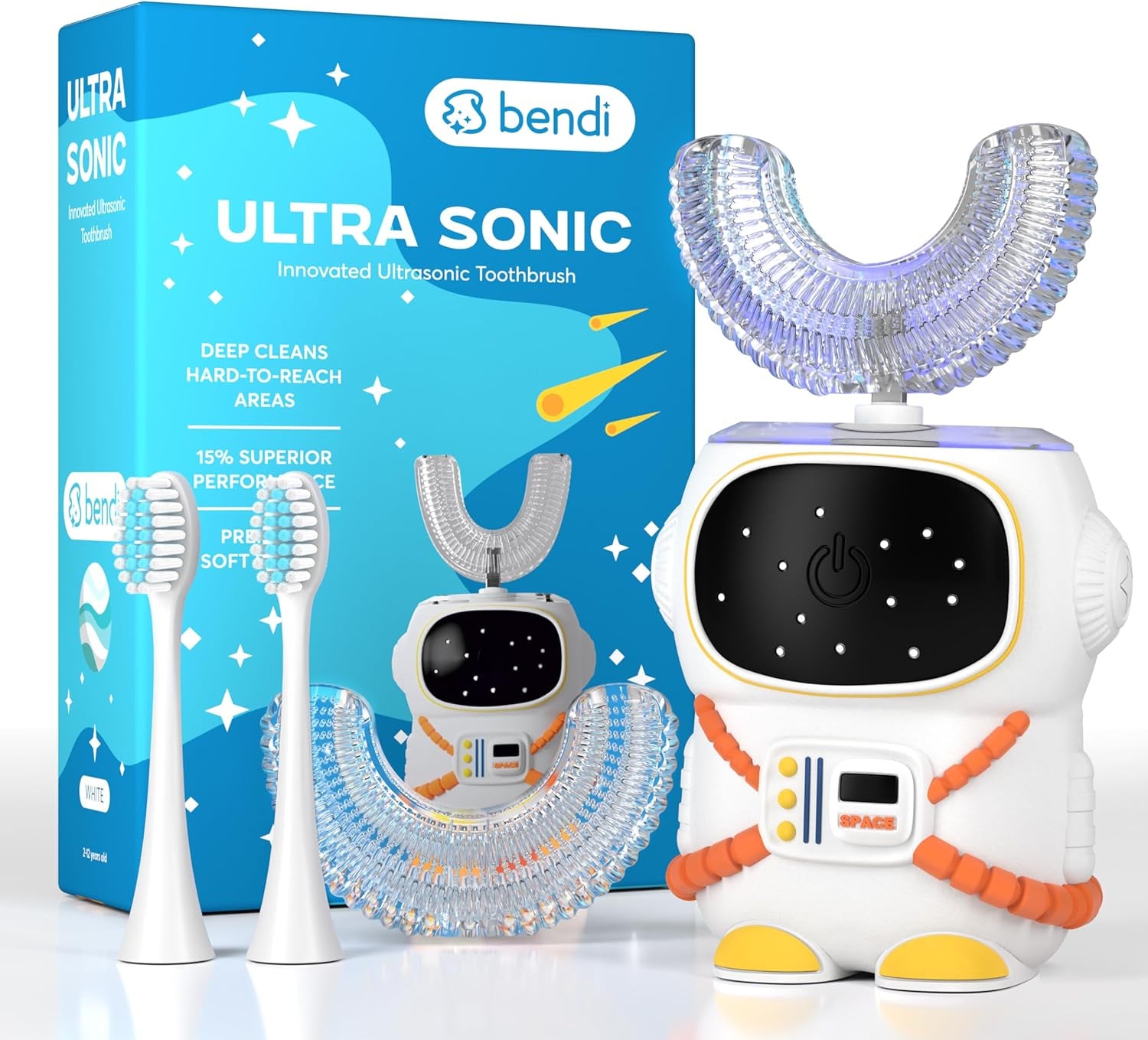 Sensory 360 round U-Shaped Astronaut Design Mouthguard Electric Toothbrush for Kids Ages 2-7 - Automatic Memory Function - 5 Modes Toothbrush with Multiple Heads – Kids Travel Essentials (White)