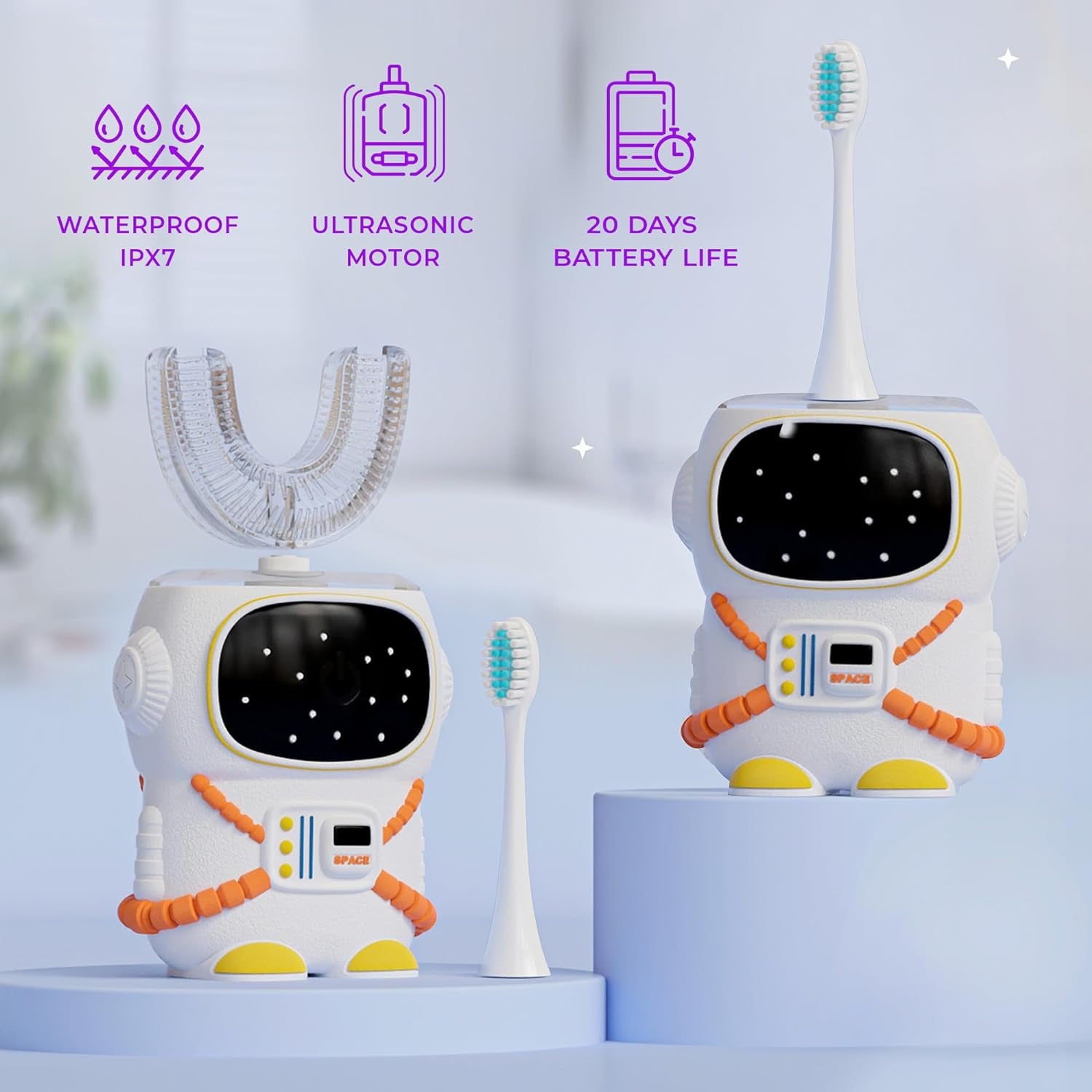 Sensory 360 round U-Shaped Astronaut Design Mouthguard Electric Toothbrush for Kids Ages 2-7 - Automatic Memory Function - 5 Modes Toothbrush with Multiple Heads – Kids Travel Essentials (White)