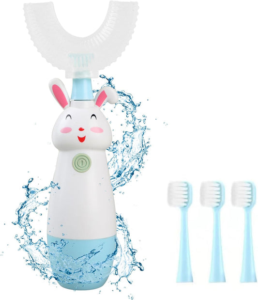 Kids U-Shaped Electric Toothbrush (With 3 Brush Heads), Detachable Toddler Sonic Toothbrush - Autobrush Toothbrush for Kids Aged 8-13（Blue）