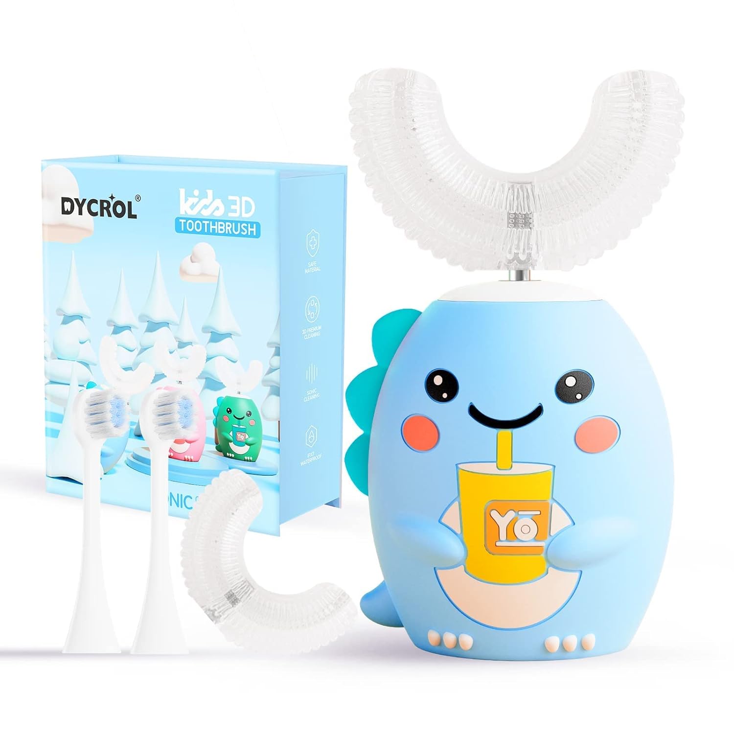 Kids U Shaped Electric Toothbrush with 4 Brush Heads, Sonic Toothbrush Kids with 5 Modes, Cartoon Dinosaur 360-Degree Cleaning IPX7 Waterproof Design (6-12 Age (Blue))