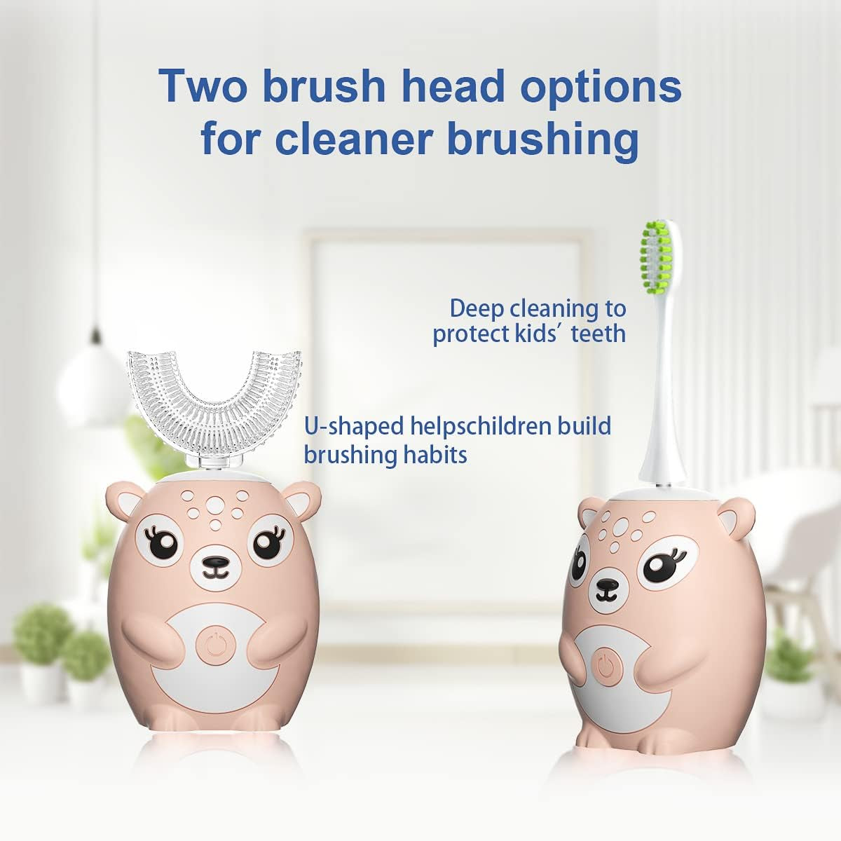 Kids Electric Toothbrushs U Shaped Sonic Automatic Toothbrush with 4 Brush Heads, Six Cleaning Modes,Cartoon Deer Modeling , Full Mouth Toothbrush for Baby