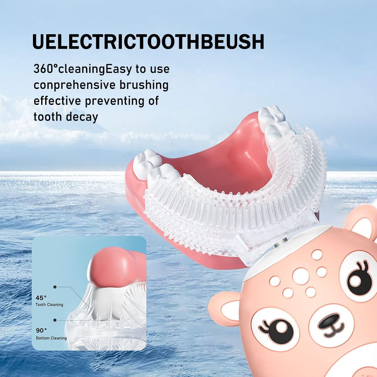 Kids Electric Toothbrushs U Shaped Sonic Automatic Toothbrush with 4 Brush Heads, Six Cleaning Modes,Cartoon Deer Modeling , Full Mouth Toothbrush for Baby