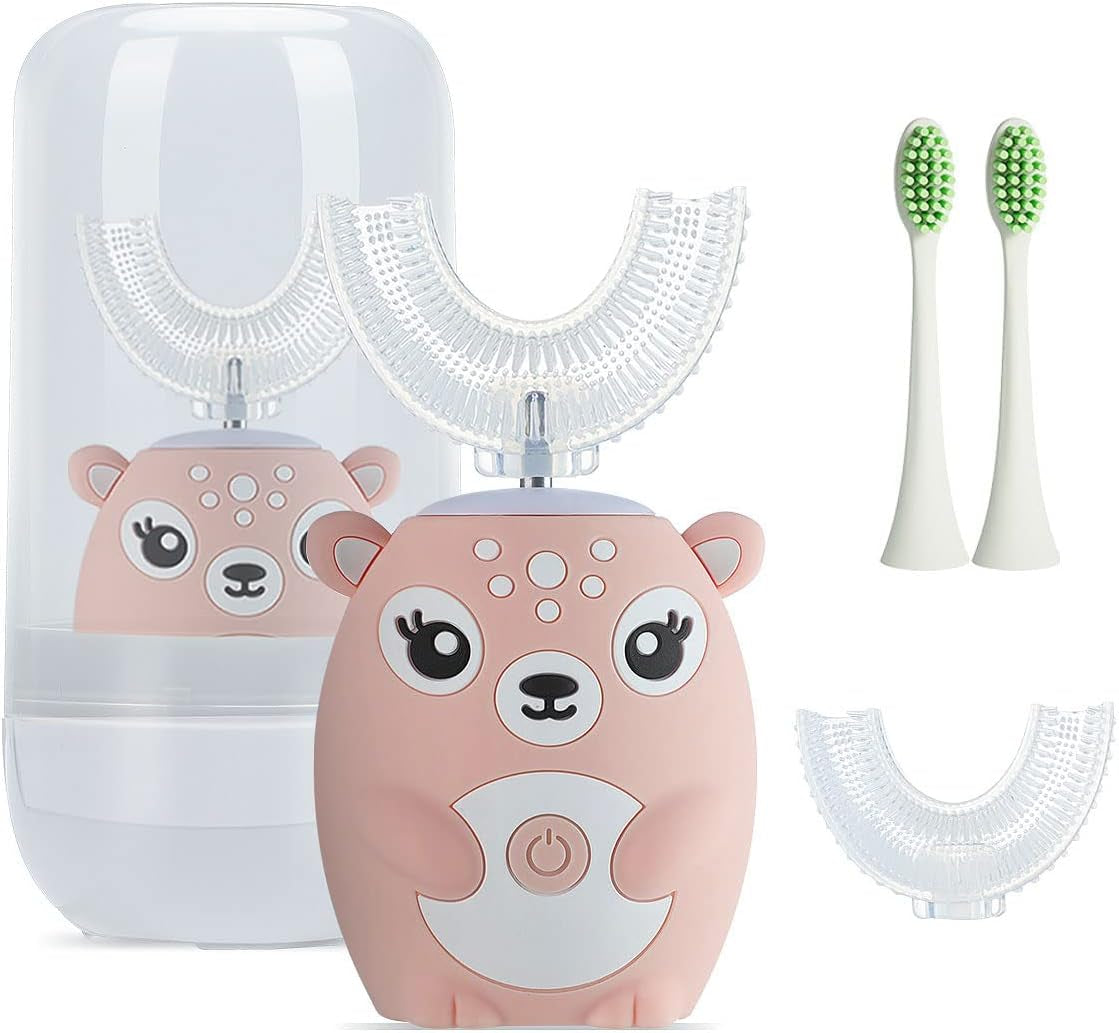 Kids Electric Toothbrushs U Shaped Sonic Automatic Toothbrush with 4 Brush Heads, Six Cleaning Modes,Cartoon Deer Modeling , Full Mouth Toothbrush for Baby