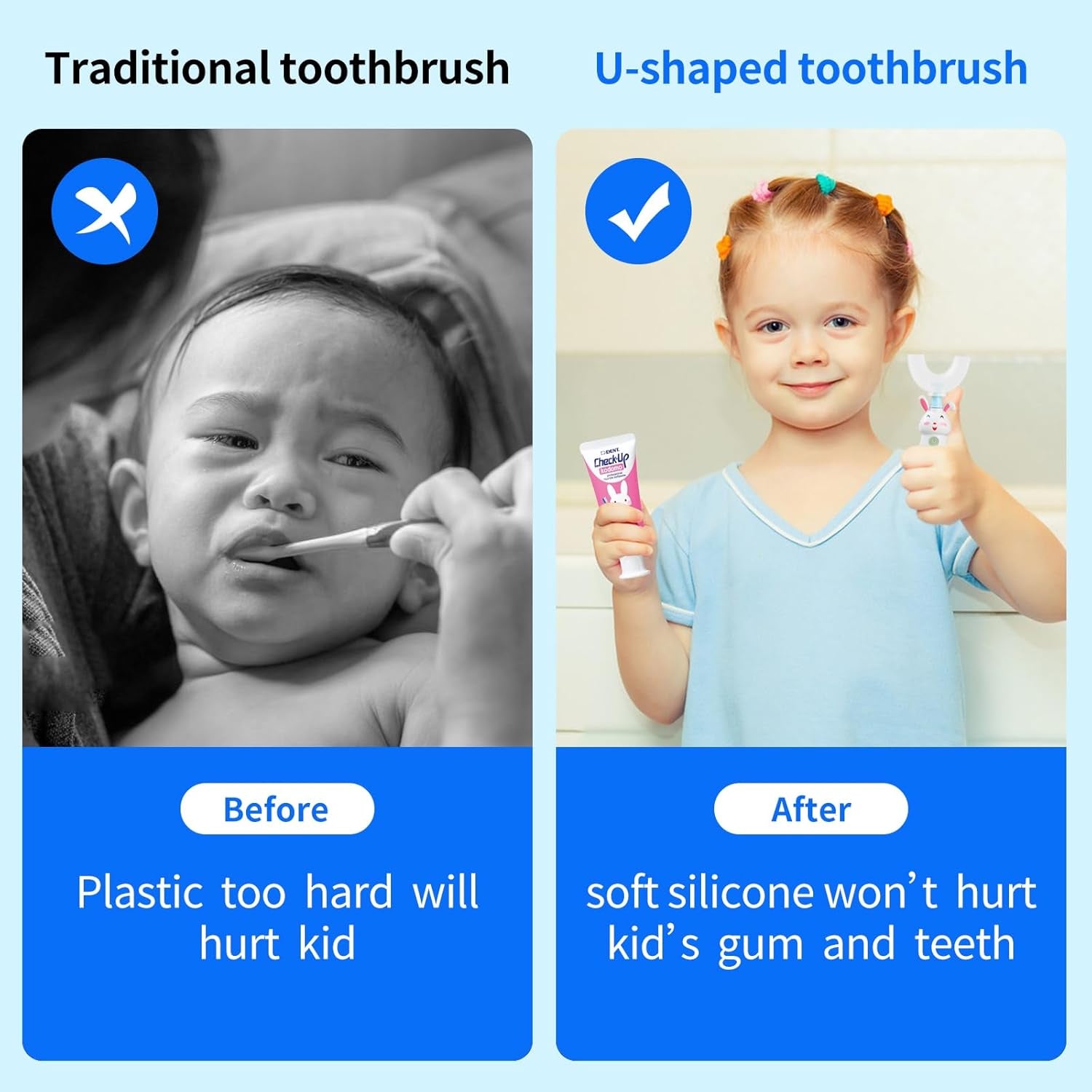 Kids U-Shaped Electric Toothbrush (With 3 Brush Heads), Detachable Toddler Sonic Toothbrush - Autobrush Toothbrush for Kids Aged 8-13（Blue）